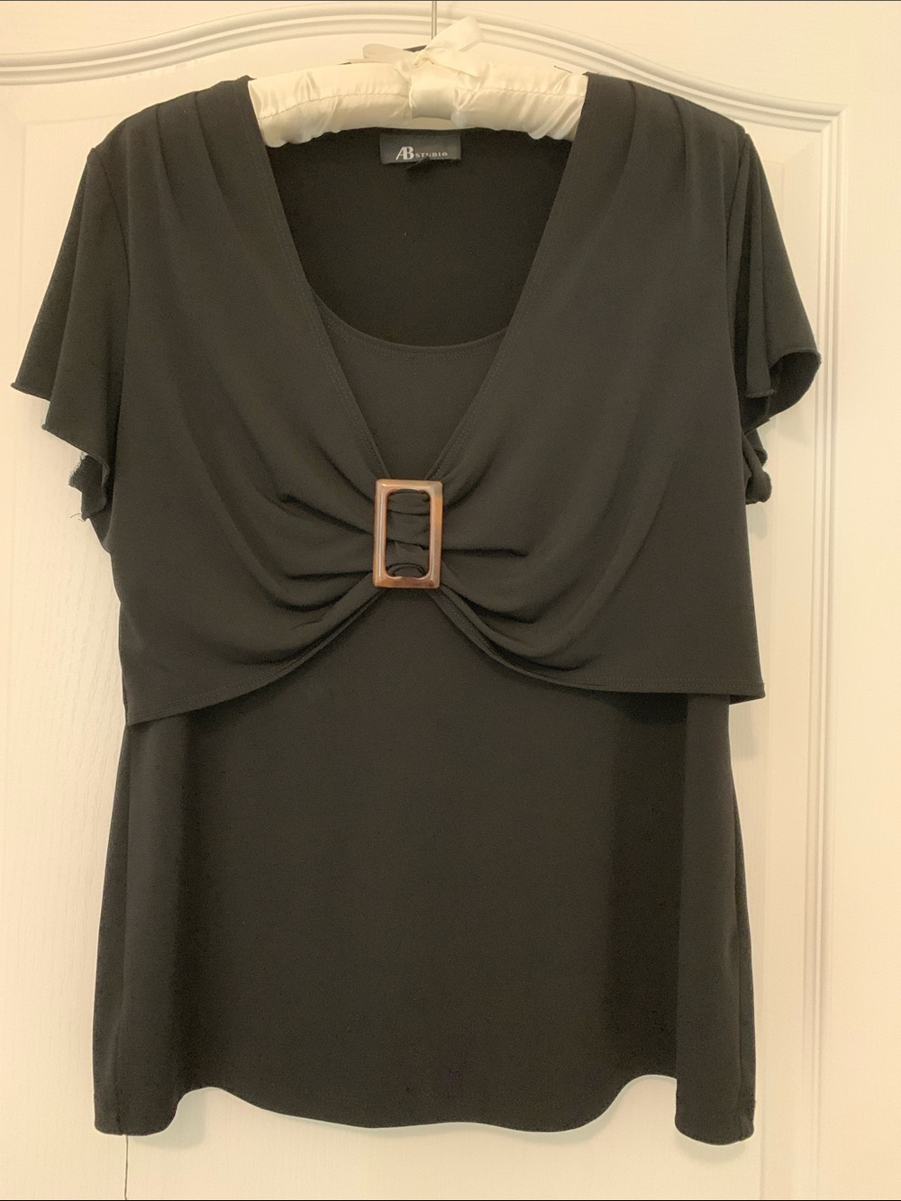 Avenue Black Layered Short-Sleeve Tunic with Center Buckle